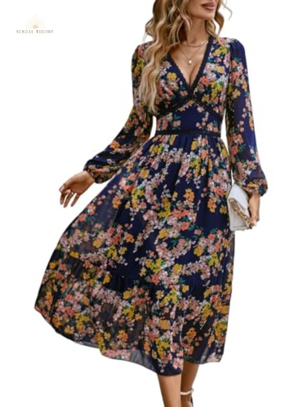 Women's Floral Chiffon Wrap Maxi Dress V Neck Long Sleeve Wedding Guest